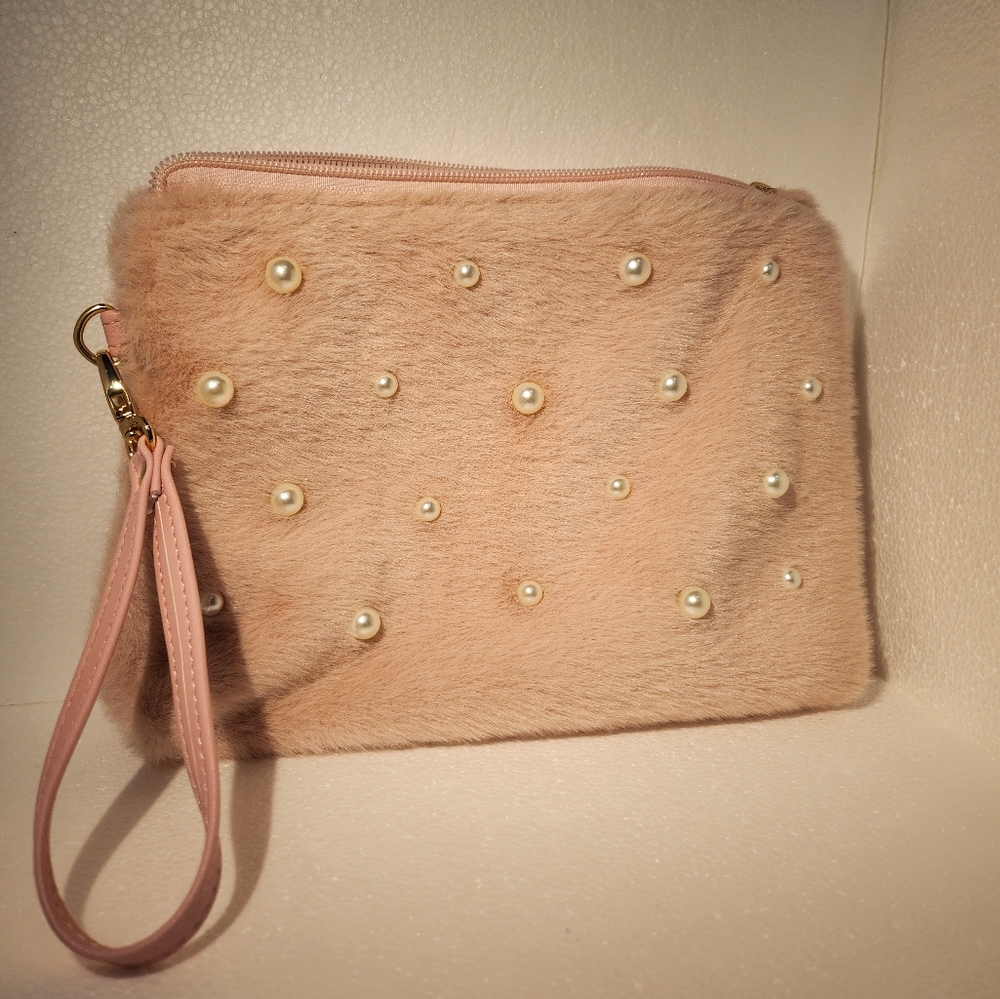 Furry Pink with Faux Pearl and Gold accents Cosmetic Bag / Wristlet - NWT